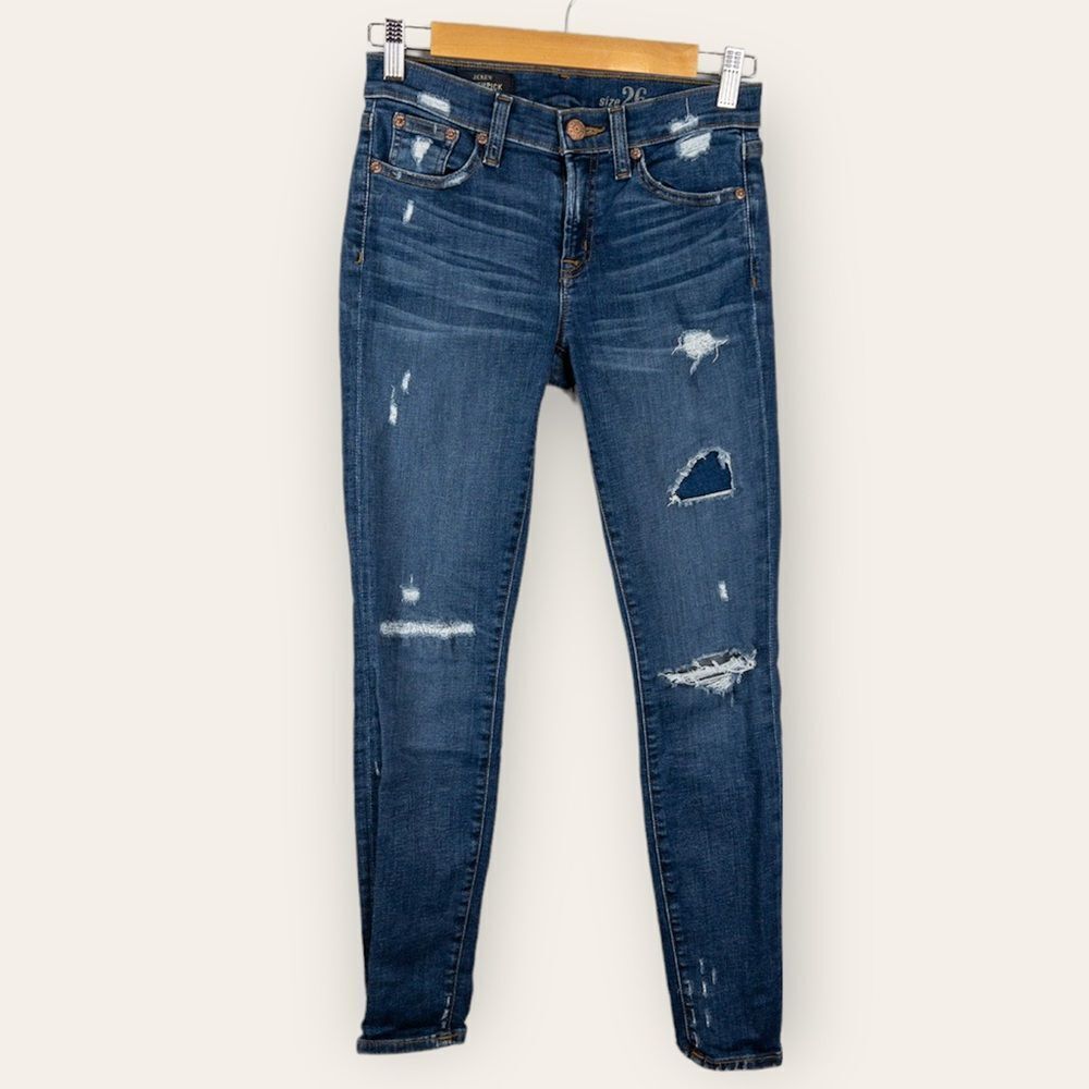 J Crew Womens Size 26 Toothpick Skinny Jean Dark Wash Distressed Stretch Denim